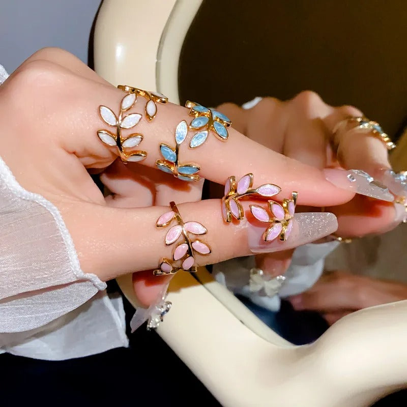 Leaf Open Ring for Women, Light Luxury Colorful Oil Drop Finger Rings, Hand Jewelry, Elegant Prom Party Wedding Accessories
