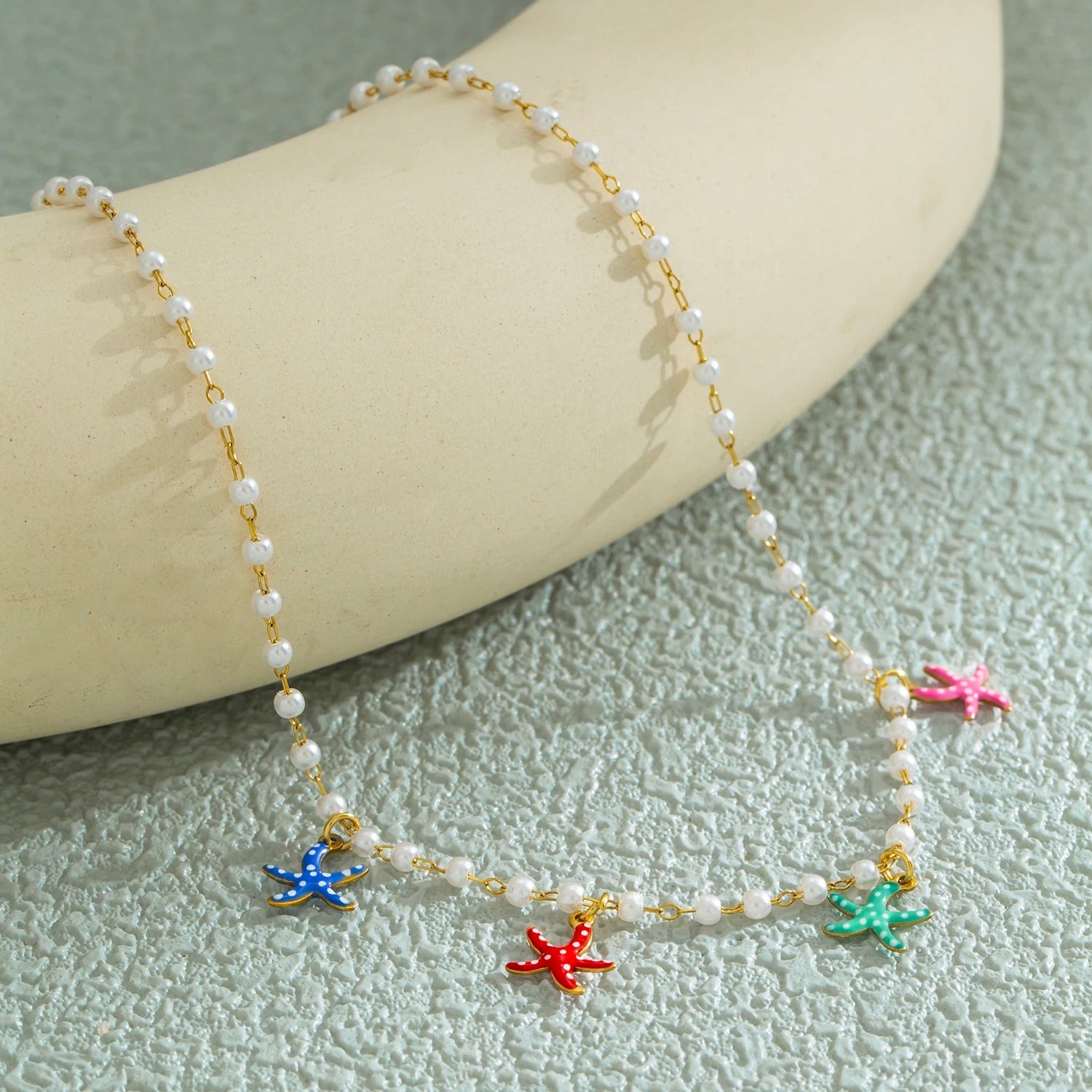 Colorful Starfish Pendant Pearl Necklace for Women, Summer Beach Coastal Boho Hypoallergenic Stainless Steel Jewelry Gift
