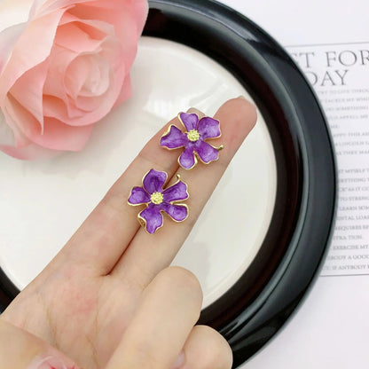 Purple Flower Stud Earrings Women Curled Petals Wedding Jewelry