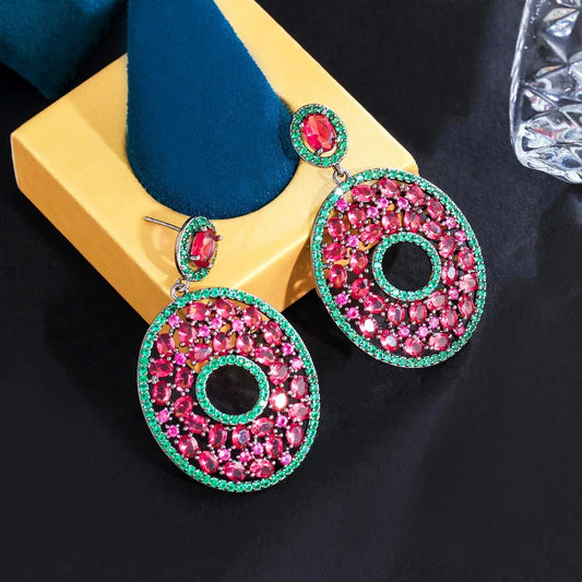 Zircons Genuine 5A Hot Pink Red Cubic Zirconia Stone Fancy Chic Round Drop Dangling Women Wedding Banquet Earrings