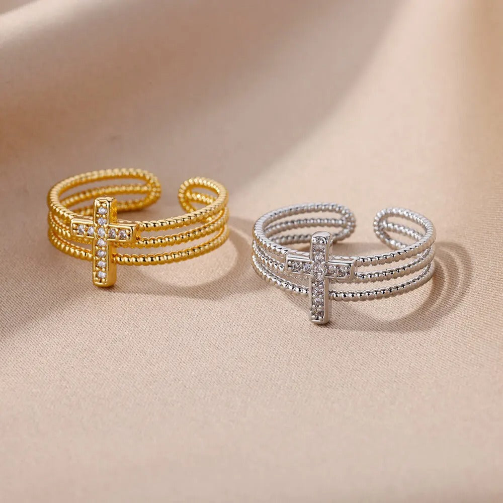 Luxury Zircon Cross Ring Adjustable Stainless Steel Women’s Jewelry Gift 2025.