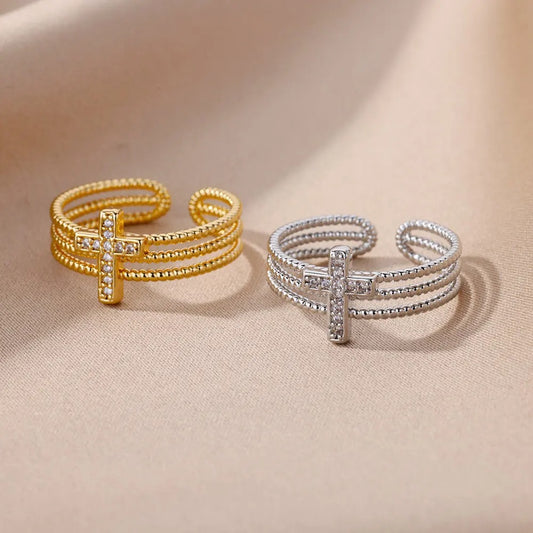 Luxury Zircon Cross Ring Adjustable Stainless Steel Women’s Jewelry Gift 2025.