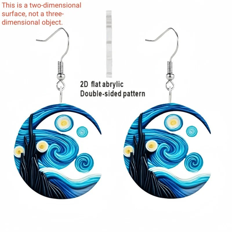 Van Gogh Starry Sky Acrylic Earrings – Moon & Black Cat Design for Women