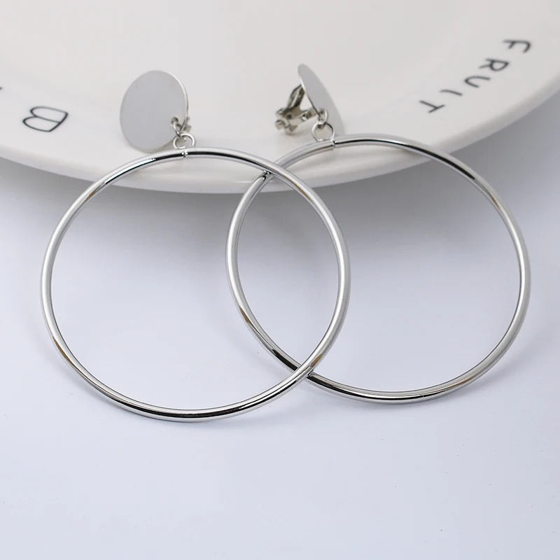 Simple Fashion Gold Silver Plated Geometric Big Round No Pierced Clip Earring for Women Big Hollow Ear Clips Jewelry