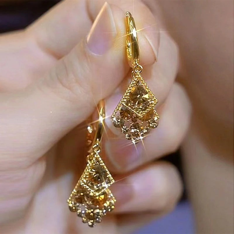 2025 Brown Double Square Pendant Gold Color Earrings for Women New Fashion Elegant Temperament Girls Jewelry Birthday Gift