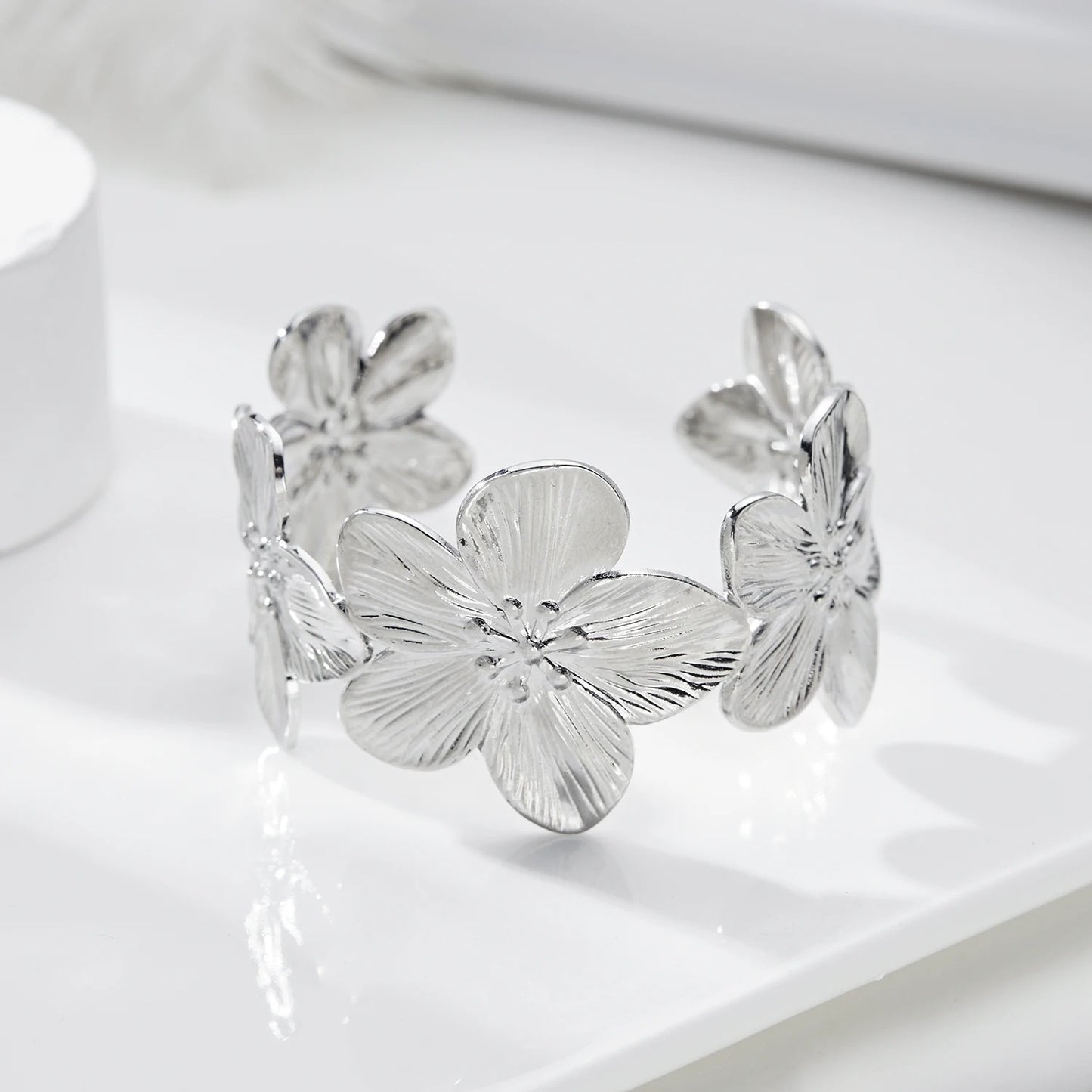 Gold Plated Butterfly & Flower Cuff Bracelet Adjustable Stainless Steel