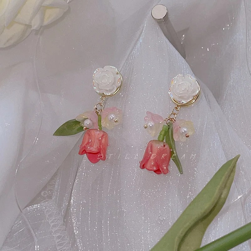 Pink Opal Cherry Drop Earrings with Zircon for Women
