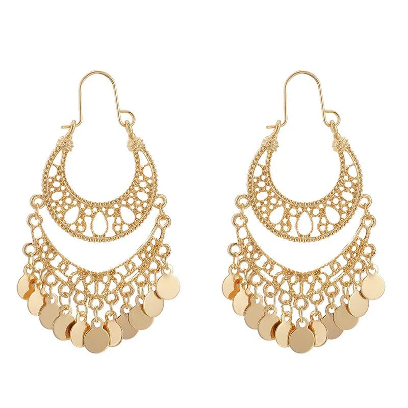 Gold Hollow Leaf Coin Pendant Earrings for Women Long Tassel Dangle Jewelry