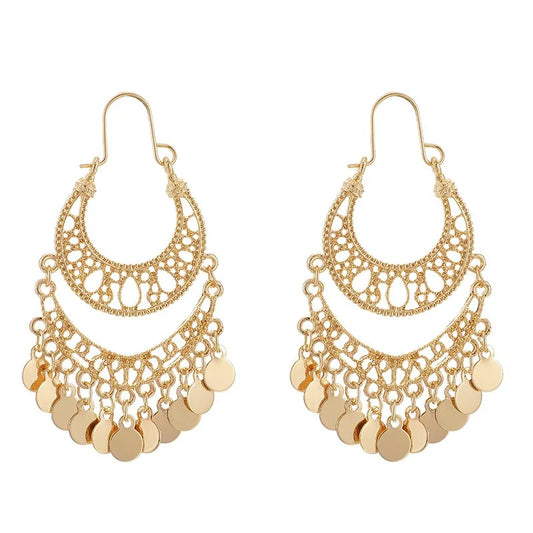 Gold Hollow Leaf Coin Pendant Earrings for Women Long Tassel Dangle Jewelry