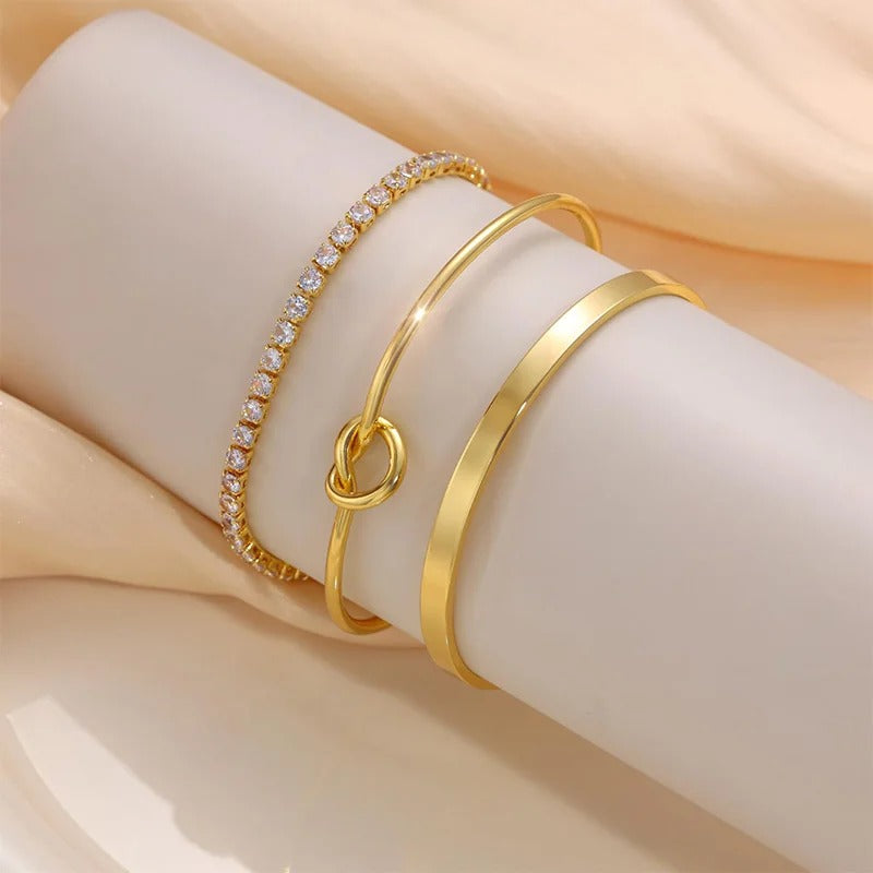 3-Pc Gold Plated Stainless Steel Bracelets for Women Zircon Bangles