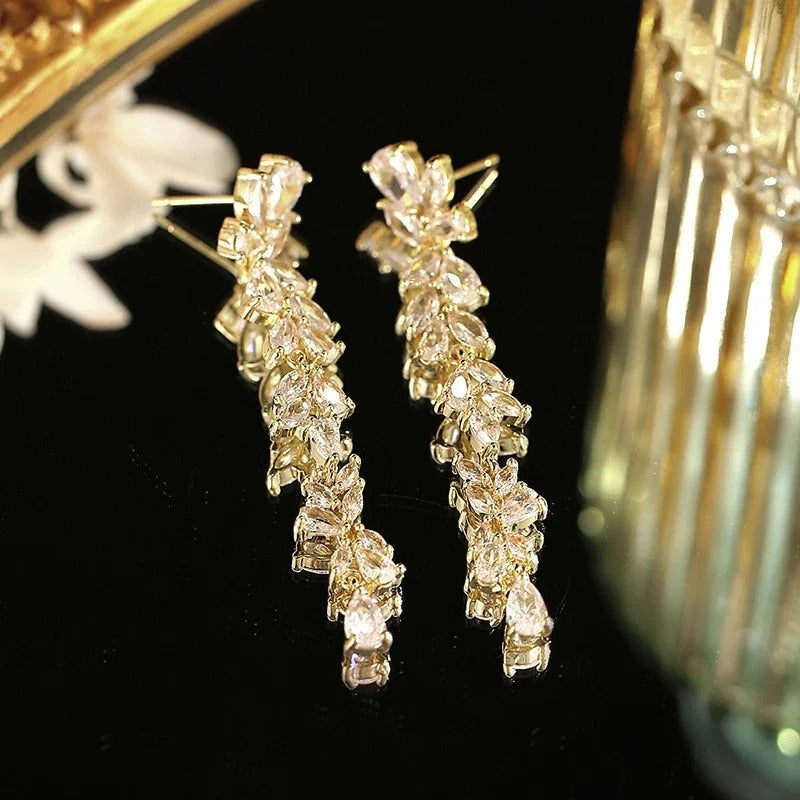 Long Wedding CZ Flower Dangle Earrings Women Jewelry
