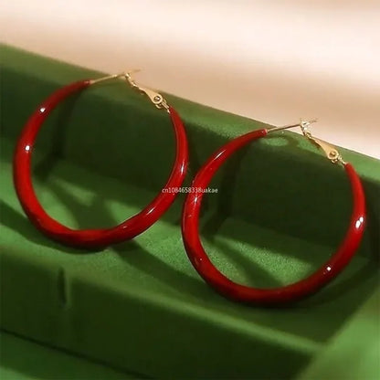 Statement Red Hoop Earrings Women Large Smooth Circle Earrings