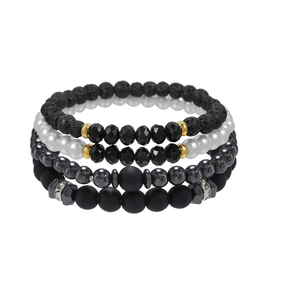 4pcs Black Lava Stone & Wood Beads Bracelet Set for Men & Couples
