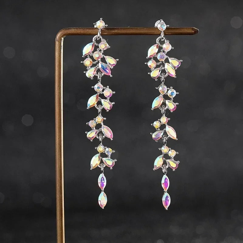 Long Tassel Dangle Earrings Women Rhinestone Geometric Leaf