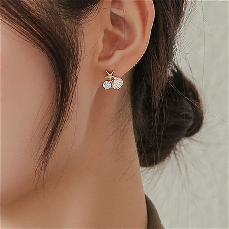 Cute Asymmetric Starfish Earrings with Pearl & Rhinestone