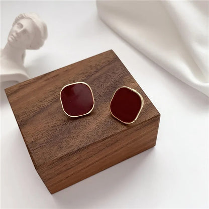 Women’s Wine Red Square Stud Earrings Korean Temperament Jewelry