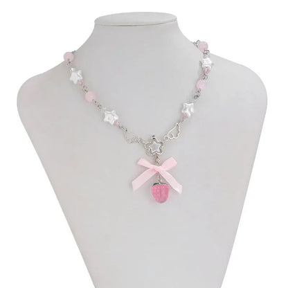 2025 New Cute Bowknot White Pentagram Pink Strawberry Pendant Choker Necklace Goth Vintage Y2K Girls Rave Jewelry Accessories