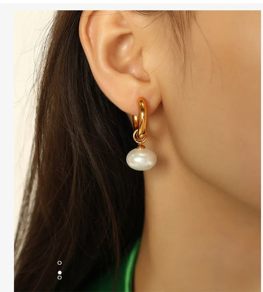 High-Quality Imitation Pearl Drop Hoop Earrings Golden Stainless Steel Korean Fashion Jewelry for Women