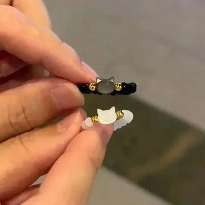 Adjustable Cat Rings Set Moonstone and Obsidian Gemstone Jewelry