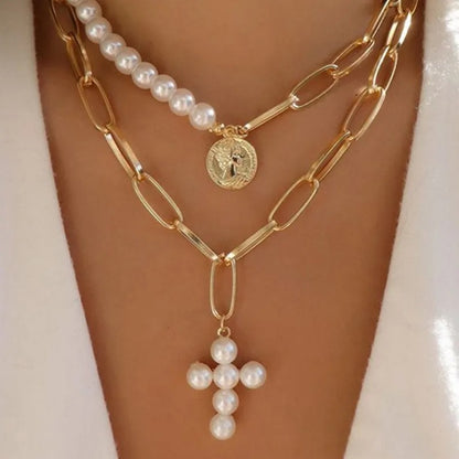2025 Y2K Pearl Cross Pendant Necklace Hip Hop Retro Women Religious Zircon Chain Necklaces Girls Punk Party Trendy Jewelry Gifts