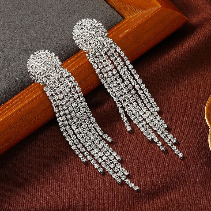 Luxury Long Tassel Rhinestone Clip-On Earrings for Women