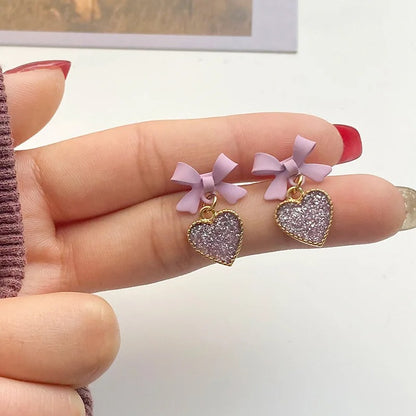 Purple Crystal Heart Bow Dangle Earrings for Women