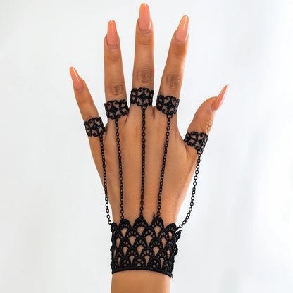 Black Finger Ring Wide Lace Bracelet for Women Trendy Connect Hand Back Chain Bangle Jewelry Party Gift Girls New