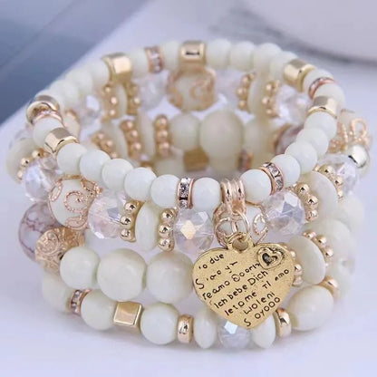 Women’s 4PCS Crystal Beads Bracelets Heart Letter Elastic Bangles Gift
