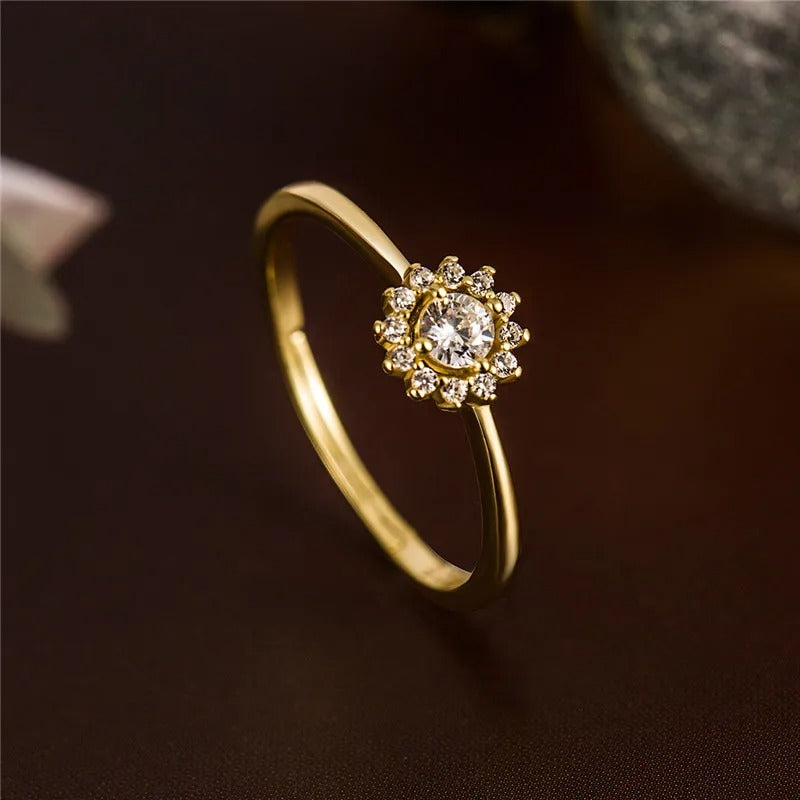 Sterling Silver 18k Gold Plating Daisy Sunflower Full Zircon Fine Open Ring For Women Light Luxury Fine Jewelry