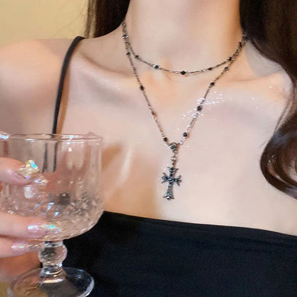 Summer Black Rhinestone Cross Jesus Pendant Choker Necklace for Women Punk Vintage Double Layers Chain