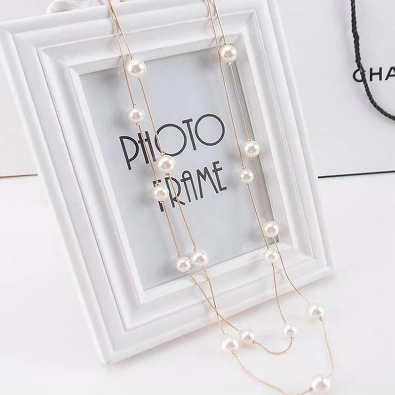 2025 New Long Double Layer Simulated Pearl Necklace Women Sweater Chain Female Collars Statement Jewelry Gifts