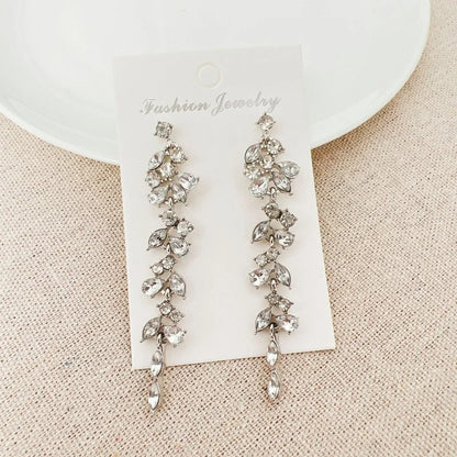 Silver Maple Leaf Zircon Tassel Long Earrings for Women