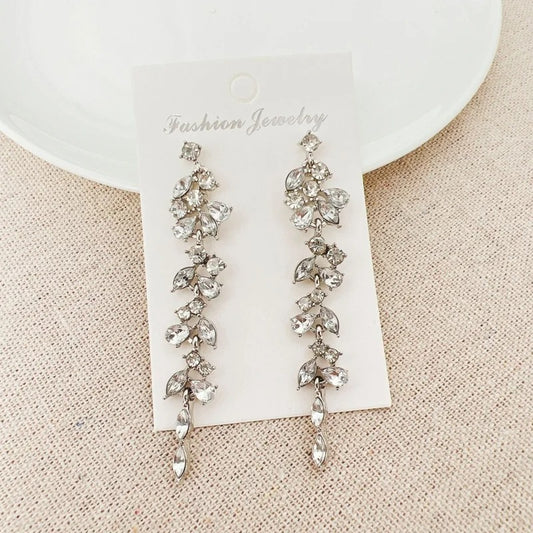 Silver Maple Leaf Zircon Tassel Long Earrings for Women