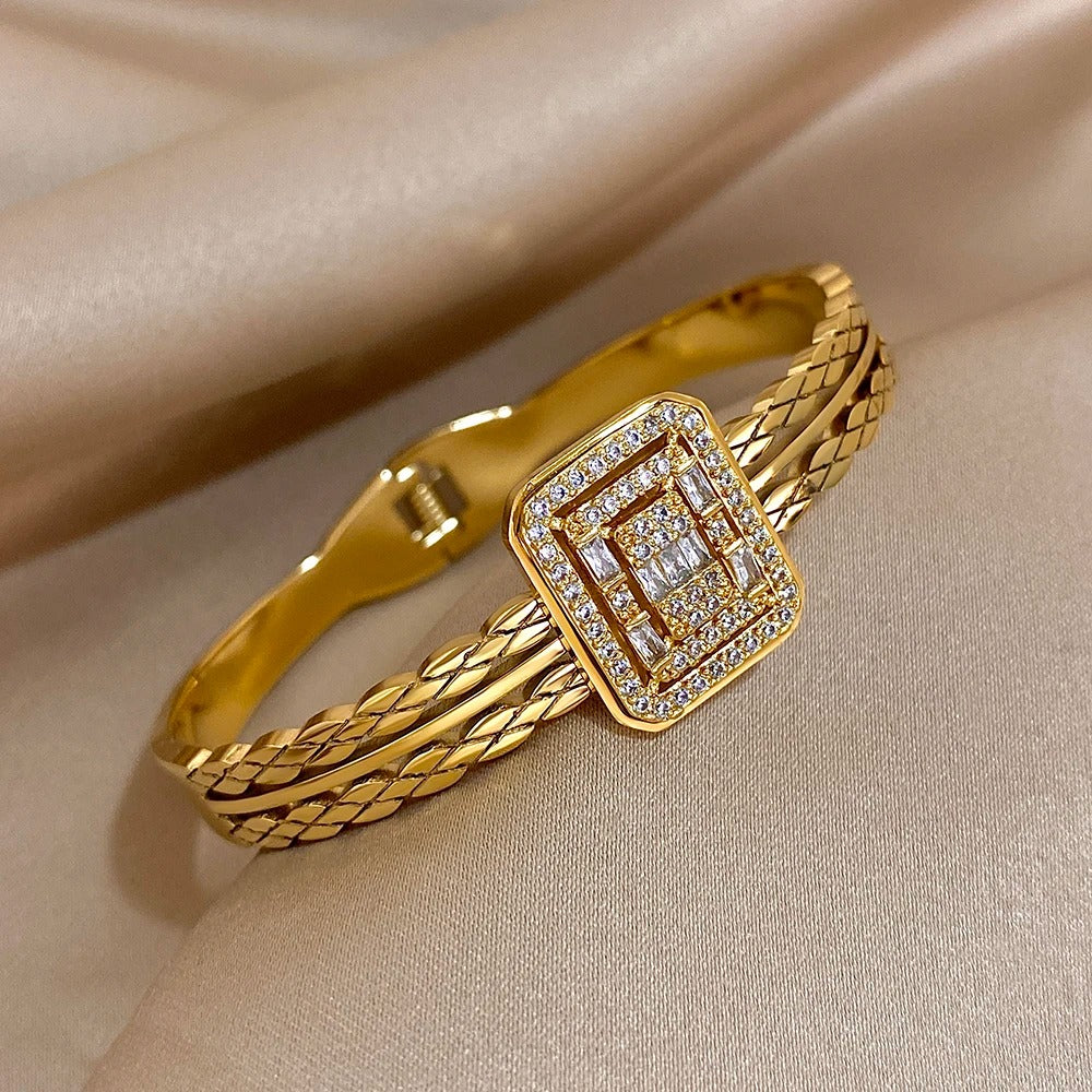 Gold-Plated Chunky Stainless Steel Cuff Rhinestone Multilayer Bracelet