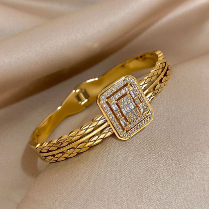 Gold-Plated Chunky Stainless Steel Cuff Rhinestone Multilayer Bracelet