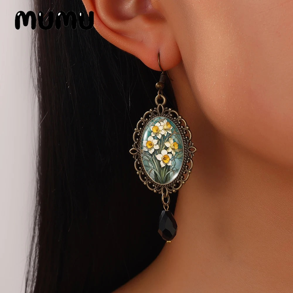 Daffodil Flower Retro Lace Earrings Handmade Glass Dome Jewelry