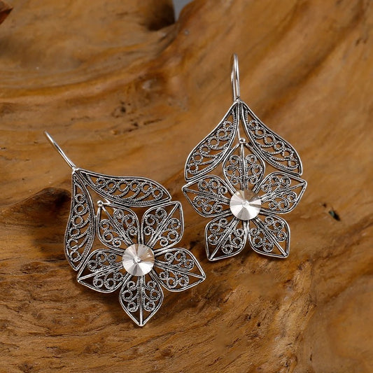 Ethnic Silver Hollow Flower Drop Earrings Inlaid Cubic Zirconia