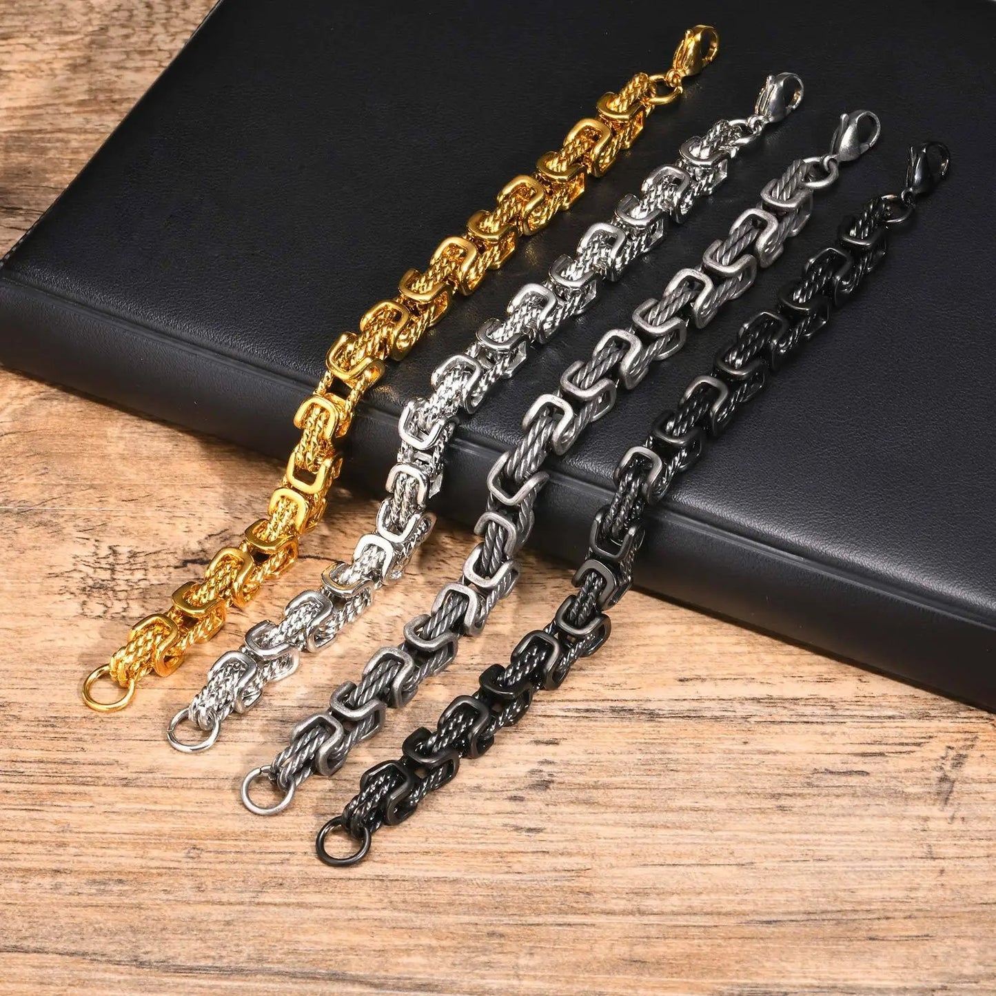 Men’s Chunky Byzantine Bracelet 8mm Grey Stainless Steel Wristband