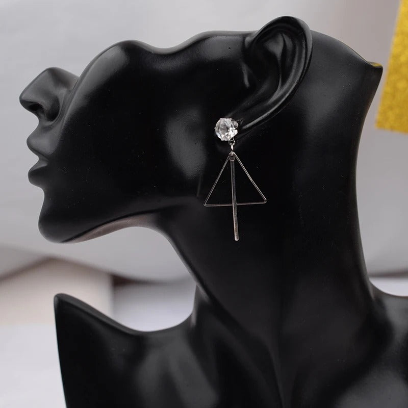 Korean Silver Hollow Triangle Crystal Pendant Earrings Women
