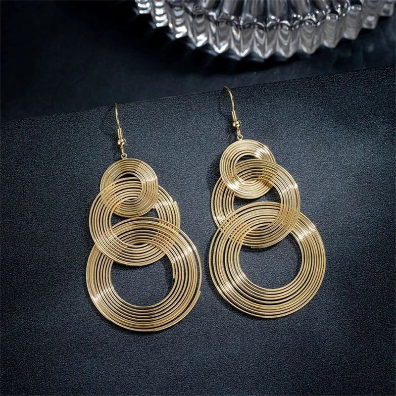 Three-Layer Circle Long Drop Earrings Women Punk Metal Jewelry