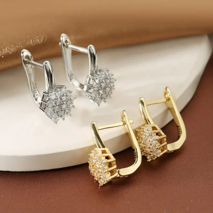 Classic U-Shaped Zircon Flower Hoop Earrings Women Gold Stainless Steel