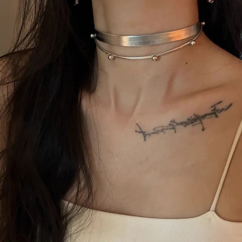 Silver Cyberpunk Choker Necklace Double Layer Hip Hop Jewelry