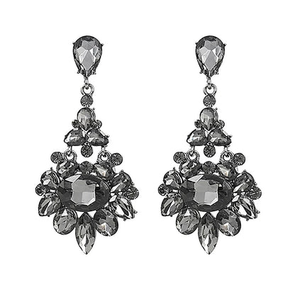 Bridal Long Drop Earrings Dark Blue Gray Champagne Crystals
