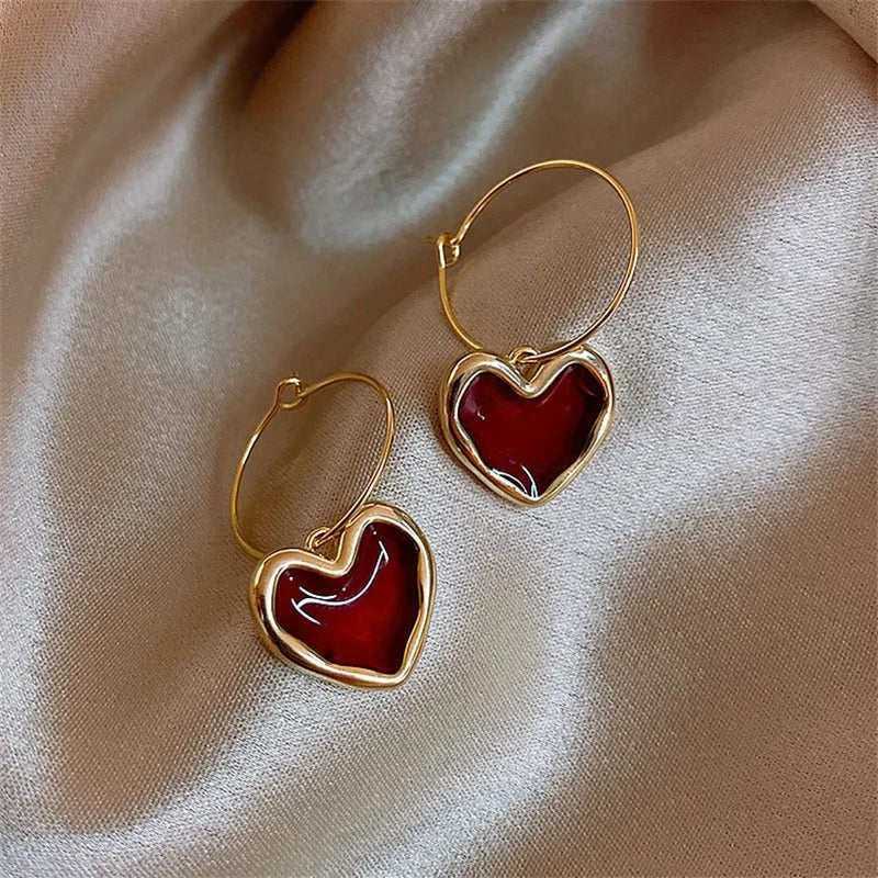 Red Heart Dangle Earrings for Women Gold Metal Jewelry Gift