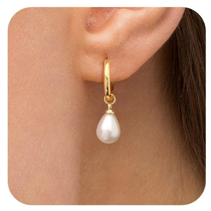 Trendy 14K Gold Plated Pearl Dangle Drop Hoop Earrings for Women CZ Irregular Knot Huggie Studs Hypoallergenic Jewelry