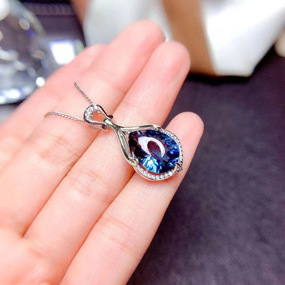 Blue Cubic Zirconia Necklace for Women Full Bling Iced Out Engagement Wedding Neck Accessory Jewelry