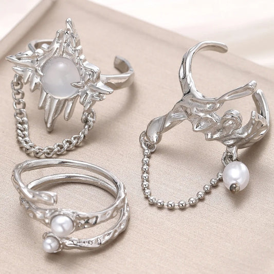 Vintage Irregular Pearl Open Ring for Women Men Sliver Color Crystal Adjustable Couple Rings Jewelry Gifts