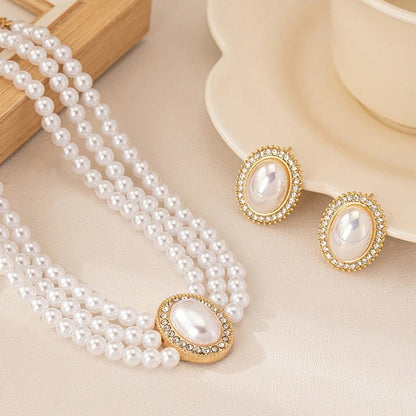 Elegant Three-Layer Pearl Necklace & Earrings Set Party Jewelry