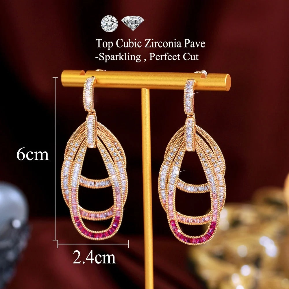 Unique Pink Red Cubic Zirconia Silver Color Long Dangle Multilayer Circles Drop Luxury Wedding Party Earring for Women