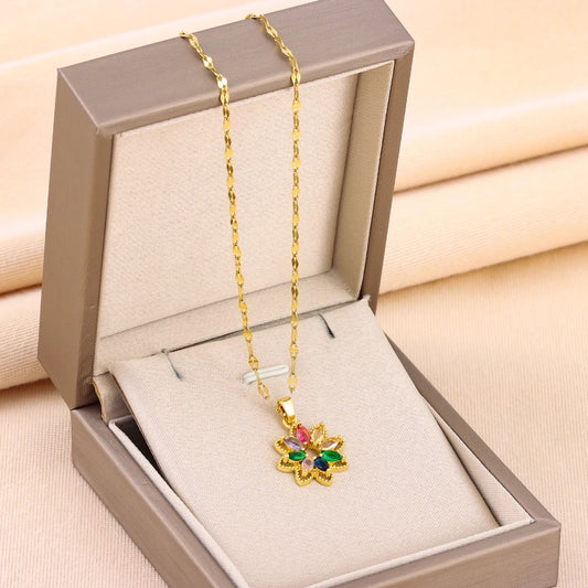 New In Fashion 7 Colors Zircon Crystal Flower Pendant Necklaces For Women Trendy Female Stainless Steel Chain Ladies Accessories